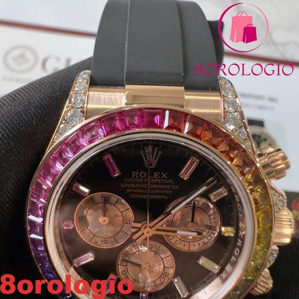 Rolex Daytona Rainbow 18K Oro Rosa Replica Custom Moissanite & Zaffiro Sintetico Cinturino in Gomma Super Clone 40mm Orologio - immagine 14