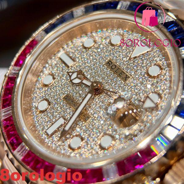 Rolex GMT-Master II 126755SARU Placcato in Oro 18K Quadrante Pavé in Moissanite Lunetta in Rubini e Zaffiri 40mm Replica Orologio - immagine 7