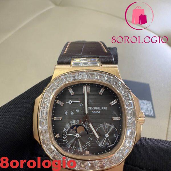 Patek Philippe Nautilus 5724R-001 replica in puro oro 18K con diamanti baguette su misura e cinturino in pelle di coccodrillo 40mm Orologio - immagine 14