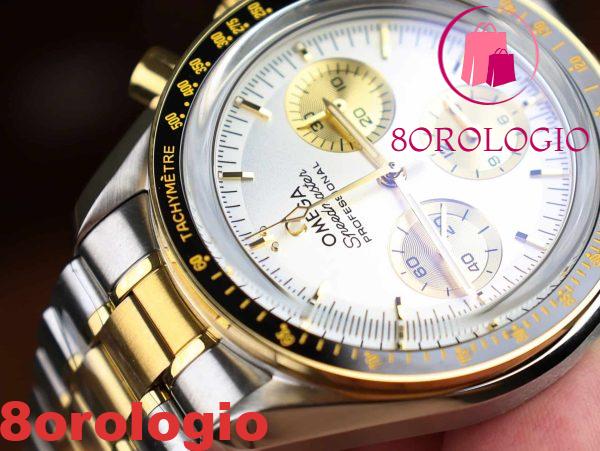 Omega Speedmaster Moonwatch Chronograph Bicolore Oro Giallo Quadrante Bianco Swiss Replica 42mm Orologio - immagine 8