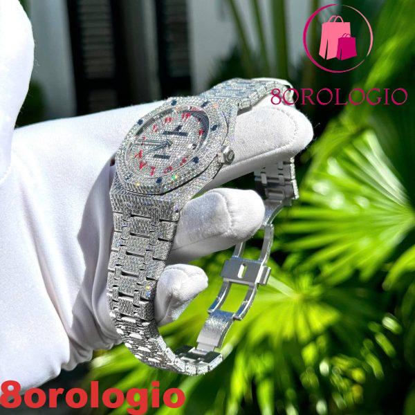 Audemars Piguet Royal Oak Replica Numeri Arabi Rossi Iced Out Moissanite Super Clone 41mm Orologio - immagine 9