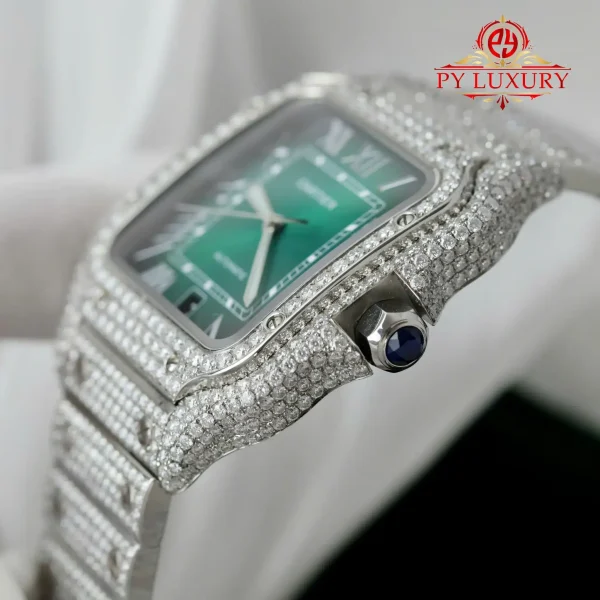 Cartier Santos Modello Grande Quadrante Verde Romano Iced Out Moissanite Migliore Replica 39.8mm Orologio - immagine 10