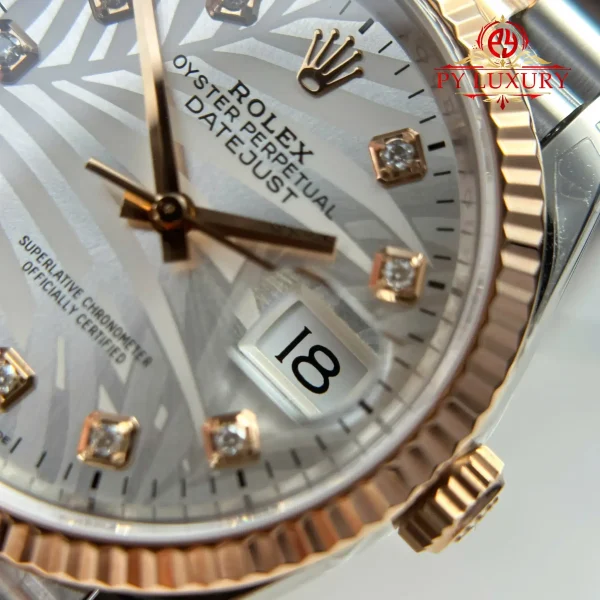 Replica Rolex Datejust 126231 Bicolore Oro Rosa Quadrante Motivo Palma Argento con Diamanti Bracciale Jubilee Migliore 1:1 36mm Orologio - immagine 12