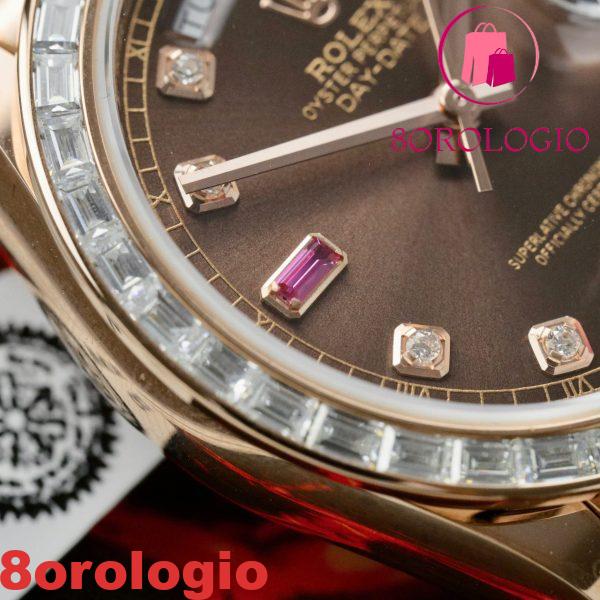 Replica Migliore Rolex Day-Date 36 Quadrante Cioccolato Diamanti e Rubini Oro Rosa 18K Incastonato con Moissanite a Baguette 36mm Orologio - immagine 11
