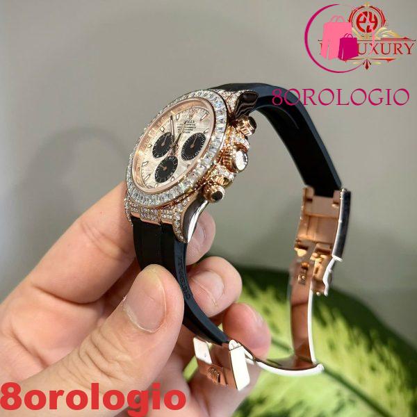 Rolex Daytona Quadrante Meteorite Placcato Oro 18K Custom Baguette Moissanite Cinturino in Gomma 40mm Replica Orologio - immagine 9