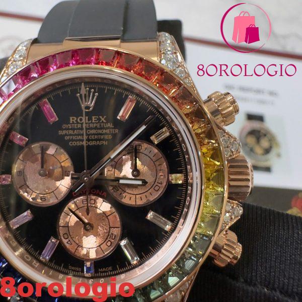 Rolex Daytona Rainbow 18K Oro Rosa Replica Custom Moissanite & Zaffiro Sintetico Cinturino in Gomma Super Clone 40mm Orologio - immagine 15