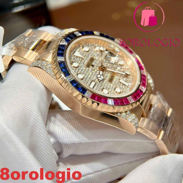 Rolex GMT-Master II 126755SARU Placcato in Oro 18K Quadrante Pavé in Moissanite Lunetta in Rubini e Zaffiri 40mm Replica Orologio - immagine 8