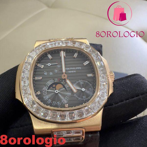 Patek Philippe Nautilus 5724R-001 replica in puro oro 18K con diamanti baguette su misura e cinturino in pelle di coccodrillo 40mm Orologio - immagine 15