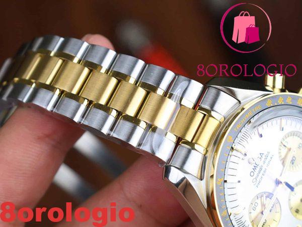 Omega Speedmaster Moonwatch Chronograph Bicolore Oro Giallo Quadrante Bianco Swiss Replica 42mm Orologio - immagine 9