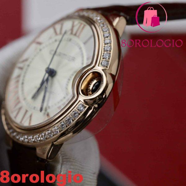 Cartier Ballon Bleu Oro Rosa Quadrante Bianco Ghiera di Diamanti Pelle Replica 42mm Orologio - immagine 11