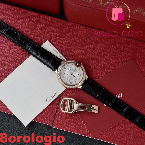 Cartier Ballon Bleu Oro Rosa Quadrante Bianco con Diamanti Ghiera con Diamanti Pelle Replica 36mm Orologio - immagine 9