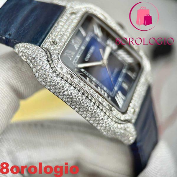 Cartier Santos Modello Grande Quadrante Blu Cassa Replica Moissanite Cinturino in Pelle 39.8mm Orologio - immagine 11
