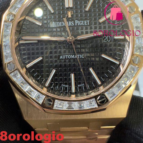 Replica Audemars Piguet Royal Oak 15400OR Quadrante Nero Personalizzato Baguette Moissanite Lunetta Placcato Oro 18K 1:1 Migliore Replica 41mm Orologio - immagine 15