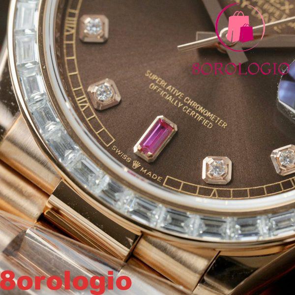 Replica Migliore Rolex Day-Date 36 Quadrante Cioccolato Diamanti e Rubini Oro Rosa 18K Incastonato con Moissanite a Baguette 36mm Orologio - immagine 12
