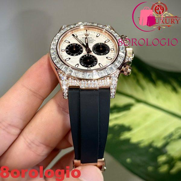 Rolex Daytona Quadrante Meteorite Placcato Oro 18K Custom Baguette Moissanite Cinturino in Gomma 40mm Replica Orologio - immagine 10