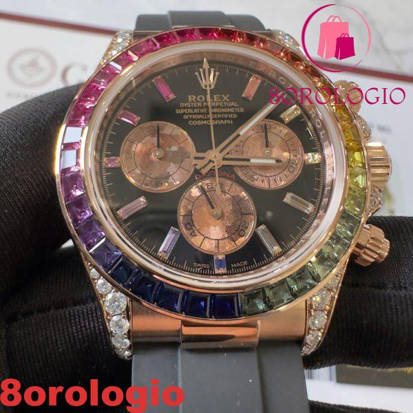 Rolex Daytona Rainbow 18K Oro Rosa Replica Custom Moissanite & Zaffiro Sintetico Cinturino in Gomma Super Clone 40mm Orologio - immagine 16
