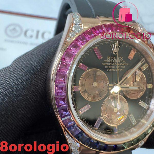 Rolex Daytona Rainbow 18K Oro Rosa Replica Custom Moissanite & Zaffiro Sintetico Cinturino in Gomma Super Clone 40mm Orologio - immagine 2