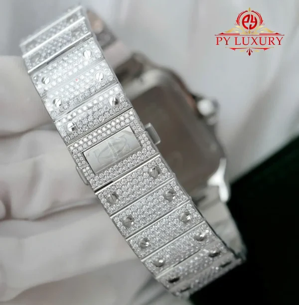 Cartier Santos Modello Grande Quadrante Verde Romano Iced Out Moissanite Migliore Replica 39.8mm Orologio - immagine 3