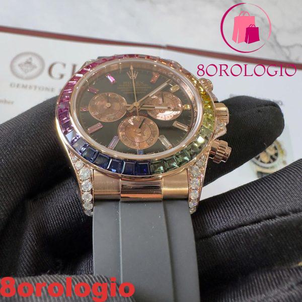 Rolex Daytona Rainbow 18K Oro Rosa Replica Custom Moissanite & Zaffiro Sintetico Cinturino in Gomma Super Clone 40mm Orologio - immagine 3